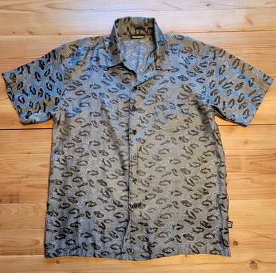 Vintage ODO Men Matallic Button Up Car Print Hawaiian Shirt Size XL Short Sleeve Foto 1 de 4
