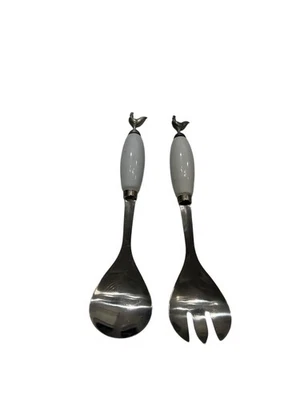 Boston Warehouse 2 PIEZAS Porcelana Acero Inoxidable China JUEGO DE SERVIR ENSALADAS Cottagecore Foto 1 de 4