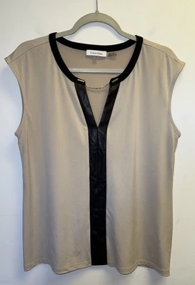 Calvin Klein Top Sleeveless Tan Faux Leather Black Trim M6RH7065-212 XL Stretch - Image 1 of 4