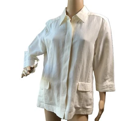 Covington Cream 3/4 Sleeve Collar Two Pockets Button up Coastal Linen Top Med P - Image 1 of 4