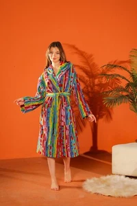Color Splash Hooded Robe – Multicolor Cotton Bathrobe with Abstract Print - Picture 1 of 13