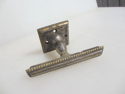 Victorian Brass Lever Door Handle Old Antique Pull French Beading Square Plate Cover