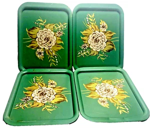 Antique 1920s Teal with Gold Floral Metal Tray, Art Deco, Set of 4, used (A1) - Picture 1 of 10