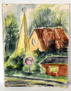 12" Vintage Watercolor Art Painting Church Tower Country House HOSMER Landscape - Picture 1 of 4
