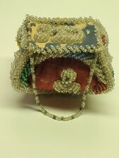 RARE EARLY VINTAGE, ANTIQUE BEADED/VELVET SEWING BASKET BEADS, LEATHER INTERIOR 