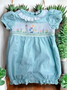 Seersucker Embroidered Vintage 90s Bonnet Sue Baby Jumper 6-9M - Picture 1 of 4