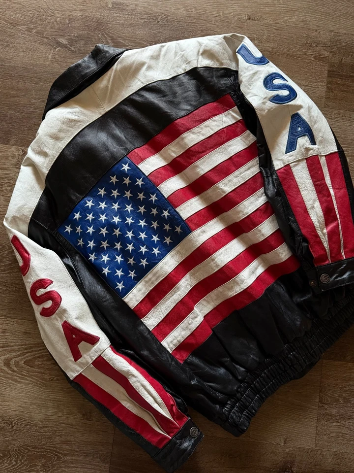 Chaqueta de cuero americano con bandera de águila de Estados Unidos talla M vintage Foto 1 de 4