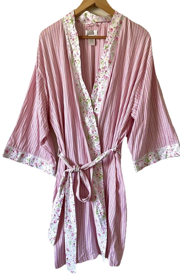 Bata kimono a rayas con ribete floral talla XL bolsillos algodón Aria para mujer  Foto 1 de 4