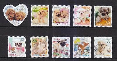 JAPÓN 2015 ANIMALES FAMILIARES SERIE 1 PERRO CACHORROS 82 YENES COMP. JUEGO 10 SELLOS USADOS Foto 1 de 4