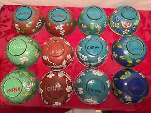 Antique Chinese Cloisonne Copper Bowls Set of 12 Hand Painted in Early 1900's