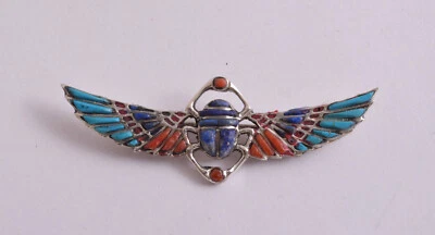 Broche argent scarabée égyptien, renaissance, turquoise, corail rouge, lapis-... - Photo 1/2
