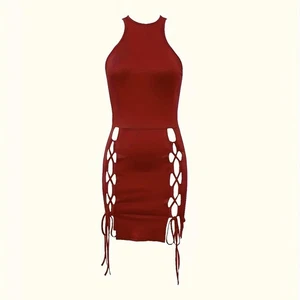 Ladies' Fashionable Solid Color Lace Up Sleeveless Hollow Out Dress - Picture 1 of 3