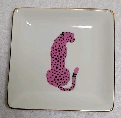 Plato de baratija cuadrado de guepardo rosa de 4" X 4" con borde dorado Foto 1 de 2