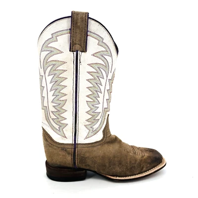 Big Kids 2 B Justin Brown White Leather Tack Bent Rail Cowboy Boots JR 345 Youth - Image 1 of 4