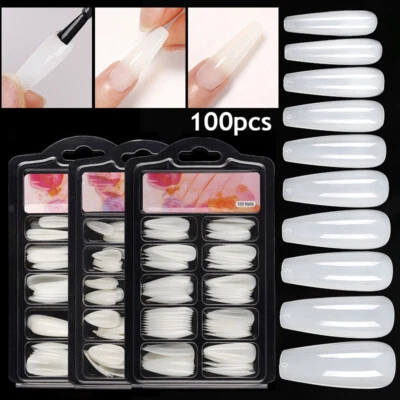 100PCS Nail Natural Transparent Art Extension Almond Press On Nail Long Coffin ♪ - Image 1 of 4