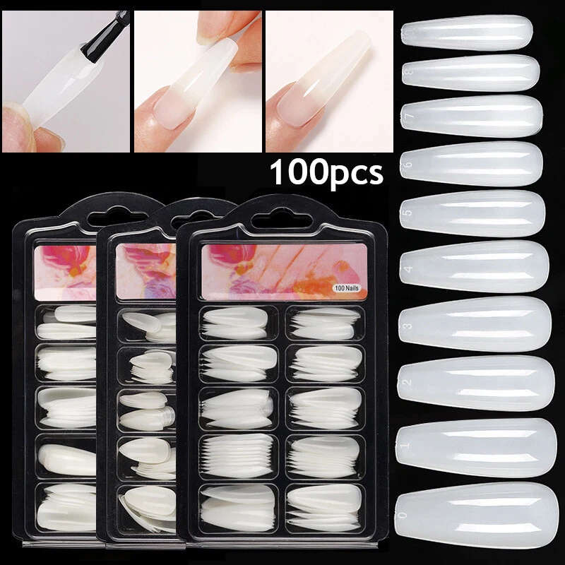 100PCS Nail Natural Transparent Art Extension Almond Press On Nail Long Coffin ♪ - Image 1 of 4