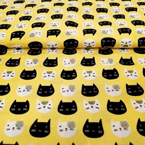 Cosmo Cat Kitty Fabric Cotton Benartex Yellow Heads Happy By the Yard - Picture 1 of 2