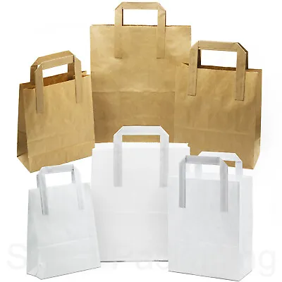 Kraft Paper Bags Brown & White SOS - Party Takeaway Food Carrier - Strong Handle • 1.49£