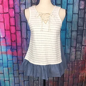 Hem & Thread Chambray Cream Striped Sleeveless Top Womens Small Lace Up Neckline - Picture 1 of 8