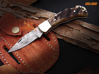 Сделанный на заказ карманный нож из дамасской стали складной нож с рукояткой из овечьего рога - Изображение 1 из 4