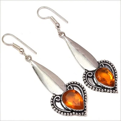 Pendientes de joyería de plata hechos a mano con piedras preciosas de cuarzo citrino de 1,5"" Foto 1 de 4