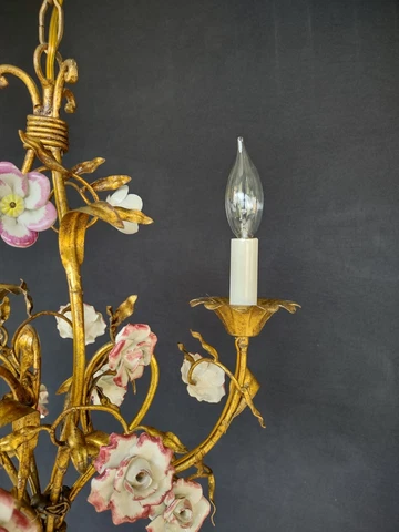 Vintage Italian Florentine Porcelain Flowers Tole Chandelier Cover