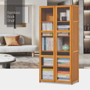 Bamboo 5 Tiers Bookcase Acrylic Door Showcase Cabinet Display Storage Showroom