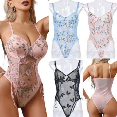 Sexy Una Pieza Mujeres Lencería Bordado Encaje Body Peluche Ropa Interior Tanga Foto 1 de 4