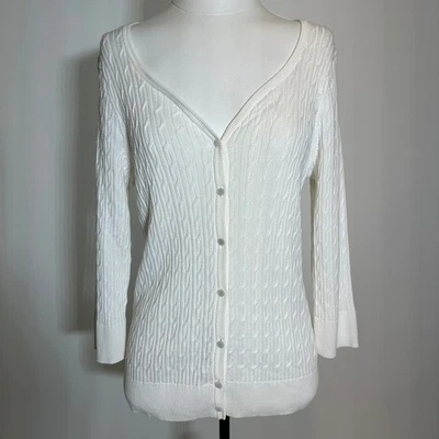 Talbots Pima Cotton Cable Knit Button Up Cardigan Sweater Womens Sz Large White - Image 1 of 4
