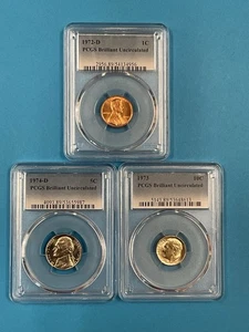 3-Coins 1c/5c/10c PCGS Brillant Uncirculated 1972D/1974D/1973 - Picture 1 of 4