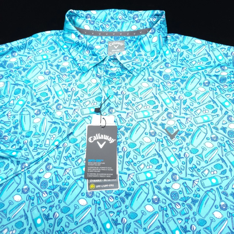 Callaway Mens XL Teal Limpet Shell All Over Drinks Print Short Sleeve Golf Polo