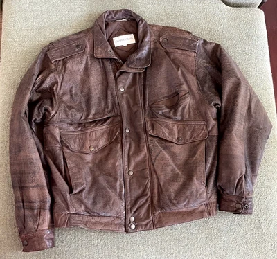 Chaqueta Bomber Charles Klein Años 90 Cuero Marrón Envejecido Cremallera Forrada a Presión Pesada S Foto 1 de 4