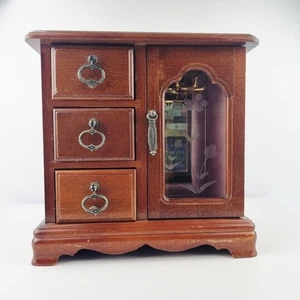 Vintage Wooden 3 Drawer Mirrored Wardrobe Jewellery Box - Picture 1 of 16