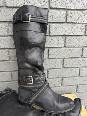 MICHAEL KORS TALL MOTO Botas Altas Cuero Envejecido Negro Correa Cremallera Talla 9 Foto 1 de 4