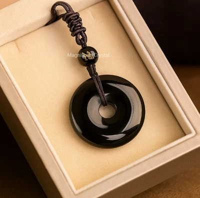 Black Obsidian Amulet Pendant Round Buckle Protection Necklace Women Men Jewelry - Image 1 of 4