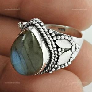 Friendship Day Deal Pear Natural Labradorite 925 Silver Art Deco Cocktail Ring - Picture 1 of 5