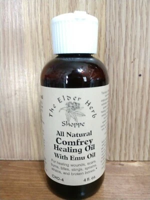 THE ELDER HERB SHOPPE Comfrey Healing Oil All Natural 4 oz bottle Inflammation Pain Relief Emu Oil
