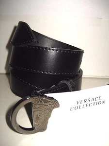 $295 NEW Versace Collection Unisex Black Leather 40" Belt Medusa Round Buckle - Imagen 1 de 8