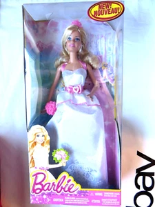 Barbie Royal Bride Doll White Dress Pink Trim Veil Bouquet BCP33 nib - Picture 1 of 4
