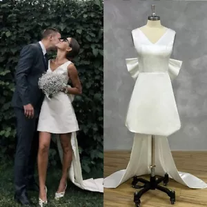 Elegante Mini Vestido de Novia Corto Cuello en V Sin Mangas Lazo Grande Satinado - Imagen 1 de 15
