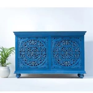 WOODEN CARVED ANTIQUE STYLE CROCKERY CABINET SIDEBOARD FOR HOME & KITCHEN - BLUE - Picture 1 of 4