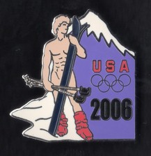TORINO 2006. OLYMPIC GAMES PIN. TEAM USA. NAKED ATHLETE HOLDING SKI GEAR.