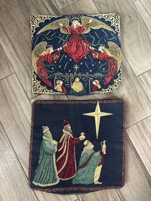 2 Christmas Jacquard Tapestry Decorative Throw Pillow Covers Traditional Wisemen - Image 1 of 4