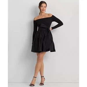 NWT Lauren Ralph Lauren Off Shoulder Dress Size 6 Taffeta Tiered Skirt Bow Belt - Picture 1 of 11