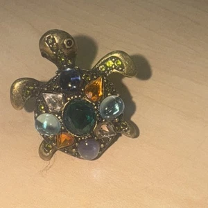 Vintage Turtle Brass Ring muticolored Cabochons Size 9 Main Stone Green 1980s - Picture 1 of 4