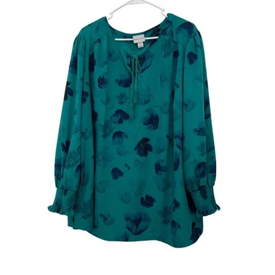 Blusa de manga larga con estampado floral verde azulado Ava & Viv para mujer 3X estilo boho ligero Foto 1 de 4