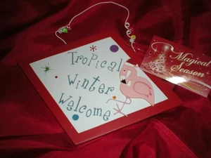 TROPICAL CHRISTMAS PINK FLAMINGO ORNAMENT WOODEN SIGN - Picture 1 of 1