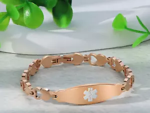 Custom Engraved Rose Gold Ladies Heart Link Medical Alert ID Bracelet - Picture 1 of 6