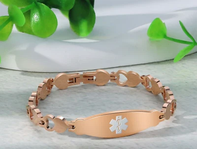 Custom Engraved Rose Gold Ladies Heart Link Medical Alert ID Bracelet - Image 1 of 4