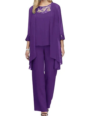 Plus Size Pant Suits Women Elegant Chiffon 3 Pieces Wedding Guest Evening Outfit - Image 1 of 4